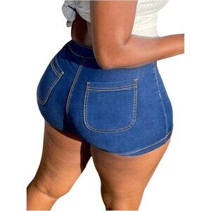 Dark Wash Women's High Waist Denim Shorts Straight Leg Roll Up Hem Button Jean